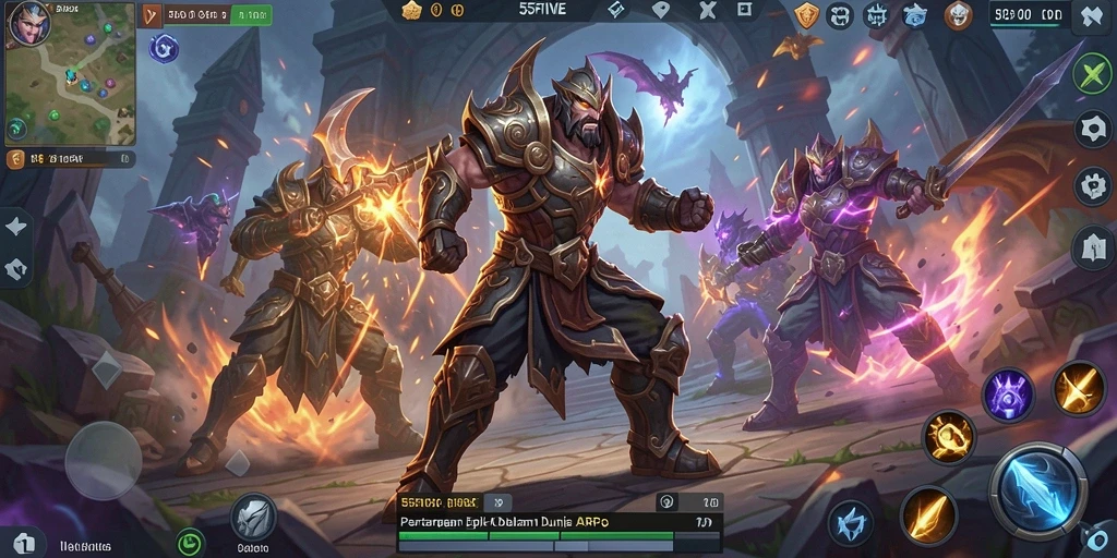 Gameplay epik dalam 55FIVE yang menampilkan pertarungan melawan monster.