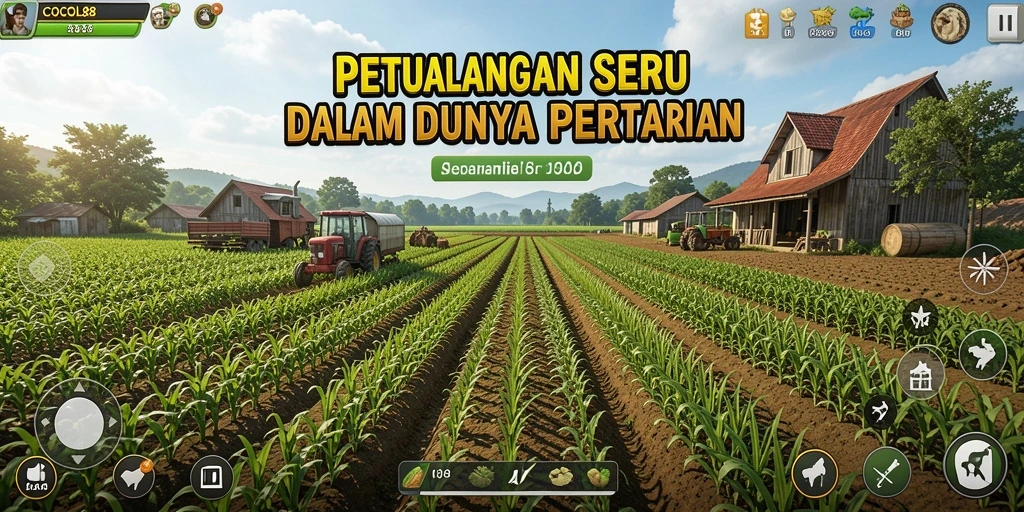 Screenshot COCOL88 menampilkan gameplay pertanian yang aktif dan berwarna.