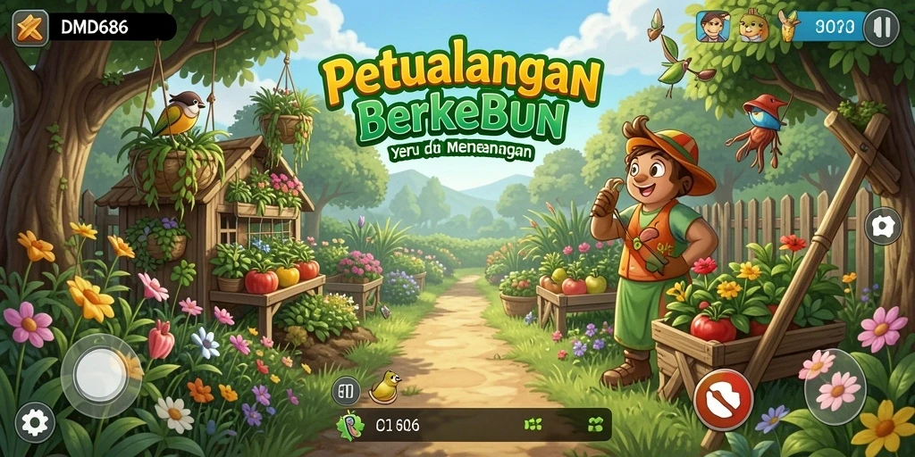 Tangkapan layar DMD686 menunjukkan pemain sedang merawat kebun dengan tanaman yang beragam.