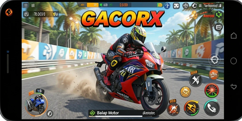 Screenshot gameplay GACORX yang menampilkan aksi balap motor yang mendebarkan.