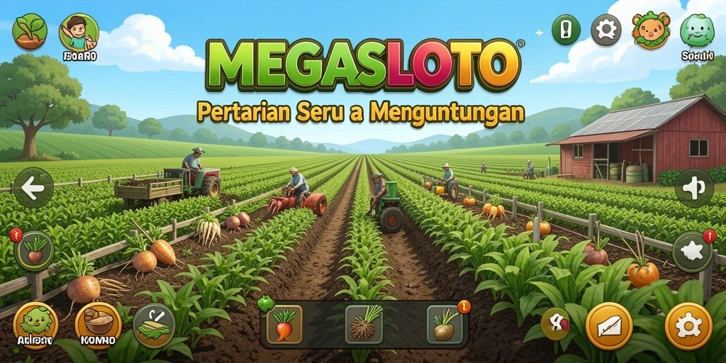 Gameplay MEGASLOTO menampilkan ladang pertanian yang indah dan aktif.