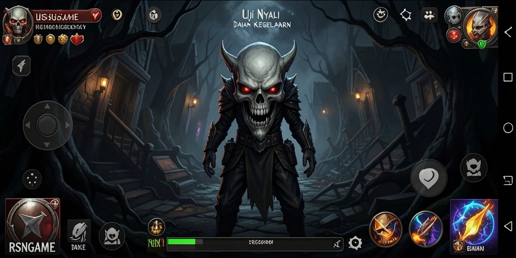 Screenshot gameplay RSNGAME dengan suasana mencekam dan karakter menyeramkan.