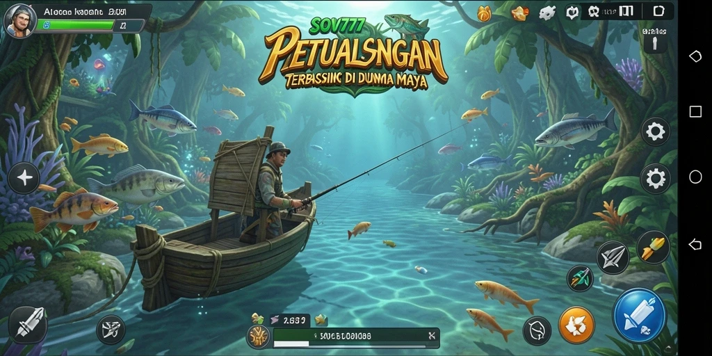 Screenshot gameplay SOV777 yang menunjukkan aksi memancing di pantai.